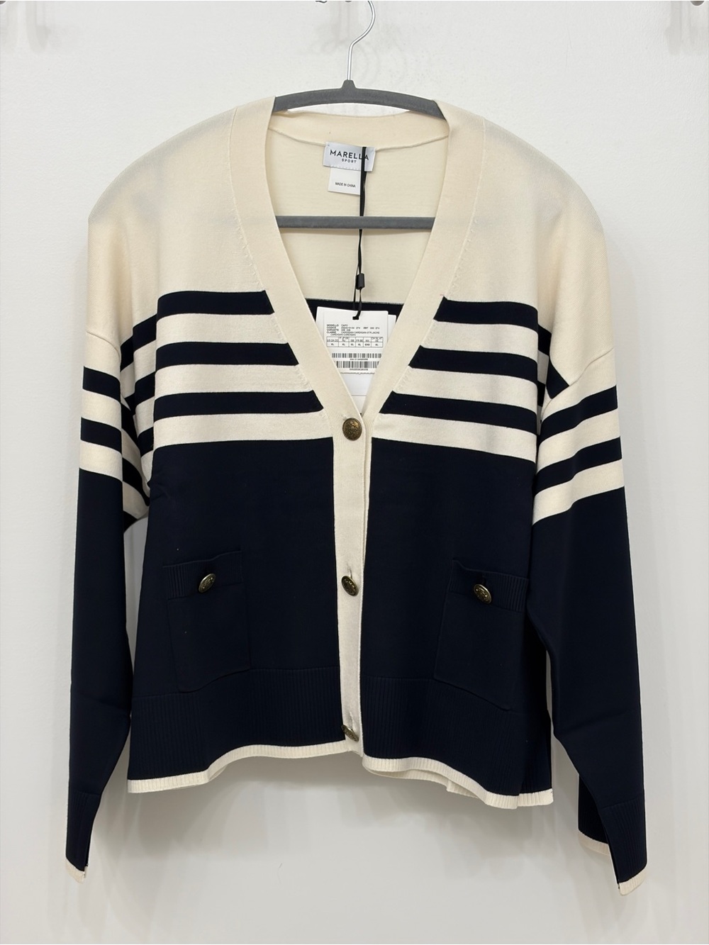 Marella Sport Black Cream Striped Colorblock V-Neck Cardigan Sweater XL NWT